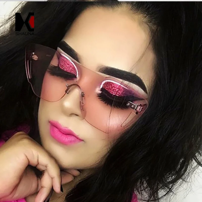 SHAUNA Newest Candy Color Integrated Lens Women Cateye Sunglasses Nail Decoration Men Rimless Pink Tint Glasses | Аксессуары для