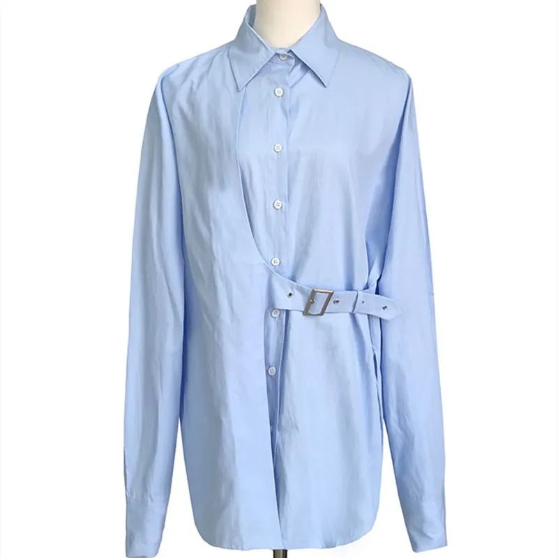 

Korean Long Sleeve Medium Length Shirt One Side Belt Harajuku Top Fashion Women Blouses and Top Notched Collar Casual Loose