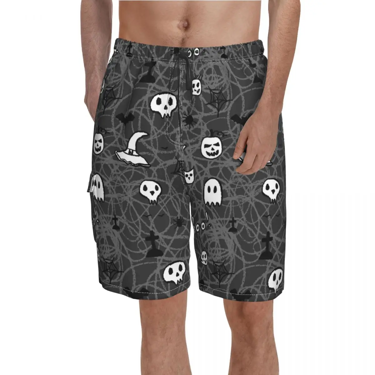 

Halloween Pumpkin Skull Bat Board Shorts Funny Bathing Swimming Trunks Polyester Funny Men Swim Trunks