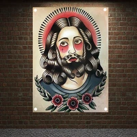 jesus christ tattoo art print vintage four holes hanging painting banners wall decoration retro posters tapestry canvas flags