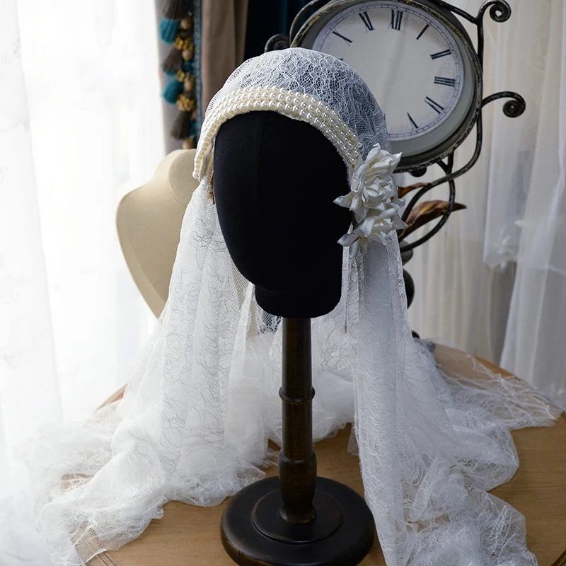 

Long Handmade Flwoer Lace Wedding Veil Wedding Pearls Hairbands Bridal Dresses Accessory