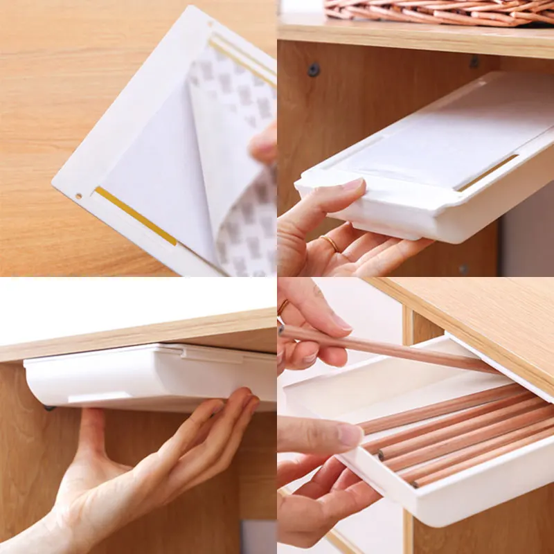 

DIY Kitchen Desk Organizer Storage Box Stationery Drawer Sundries Bedroom Pen Holder Case Container Adhesive Drawer Under Table