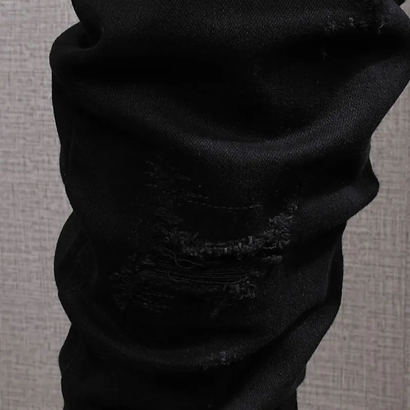 Korean Style Fashion Men Jeans Elastic Cotton Black Color Slim Fit Ripped Jeans Men Casual Simple Designer Denim Pencil Pants