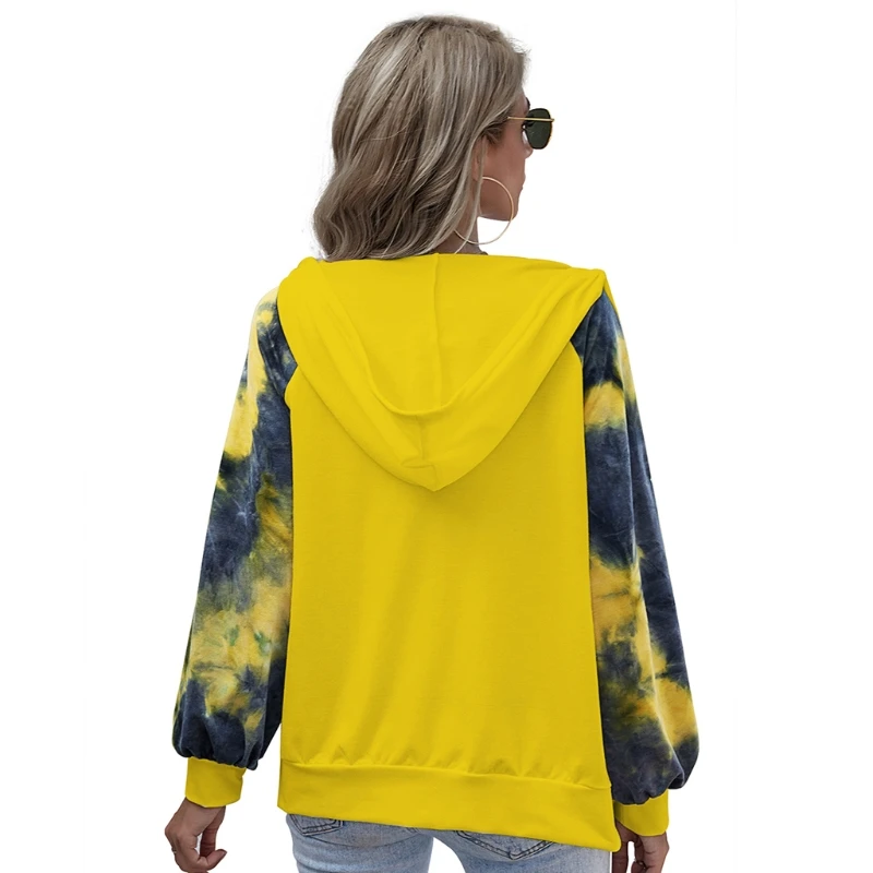 

Women Tie-Dye Long Sleeve Jacket Drawstring Hoodie Color Block Zip Up Sweatshirt J78E