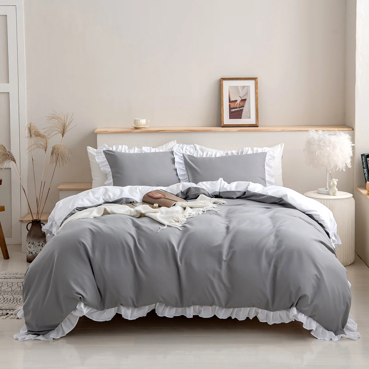 

2/3pcs Duvet Cover Set Gray Color Queen Size Ruffled Comforter Cover Pillowcase for Adults Solid Color King Size Bed Sheet Sets