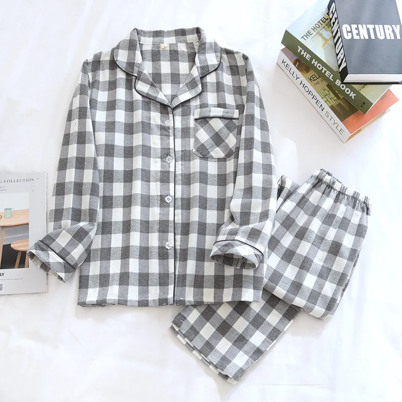 

Winter/Autumn Simple Plaid Couple Pajamas Women's Cotton Woollen Cloth Long Sleeve Trouser Suits 2 Piece Sleepwear Home Clothes