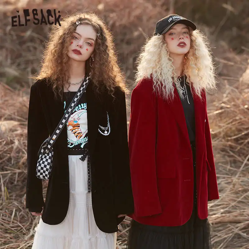 

ELFSACK Solid Chic Chain Single Breasted Women Korean Blazer Jacket,2021 Winter Vintage Korean Ladies Oversize Daily Outwears