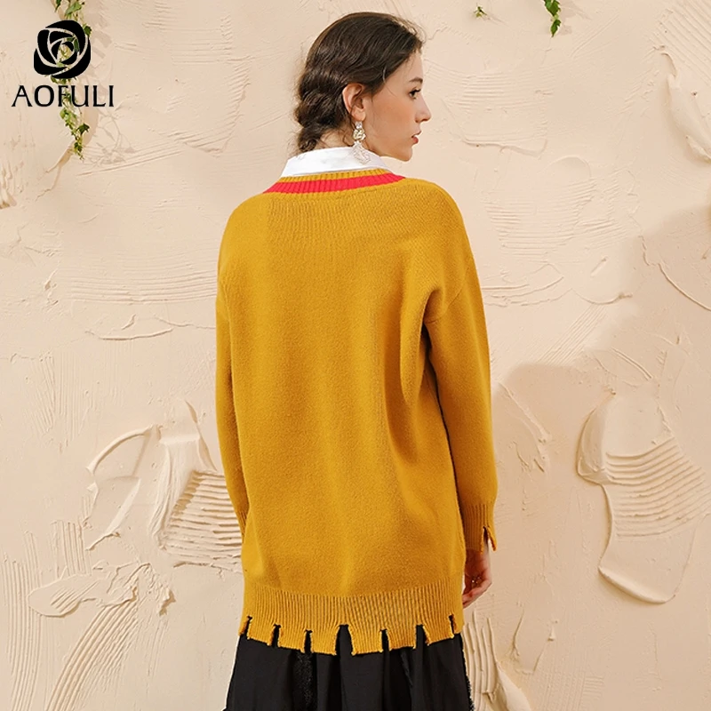 L- 4XL 5XL Chic Plus Size Women Knitted Sweaters Batwing Long Sleeve Pullover V-neck Knit Tops Casual Knitwear AOFULI A4110 | Женская