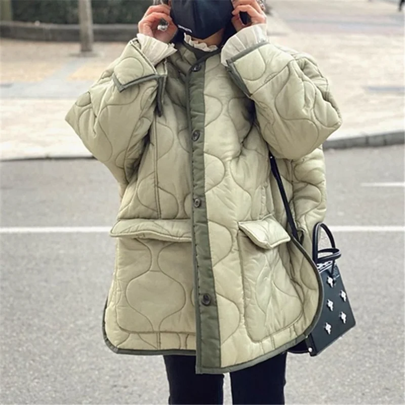 

Cotton Down coat autumn parkas winter women's clothing 2021 fashion diamond lattice moss green wide cotton jacket woman parkas