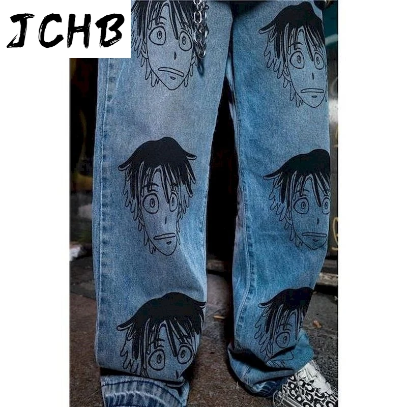 

2021 Anime High Waist Pants Women Jeans Sweatpants Womans Wide Leg Straight Plus Size Casual Streetwear Trousers Couple Ankle-le