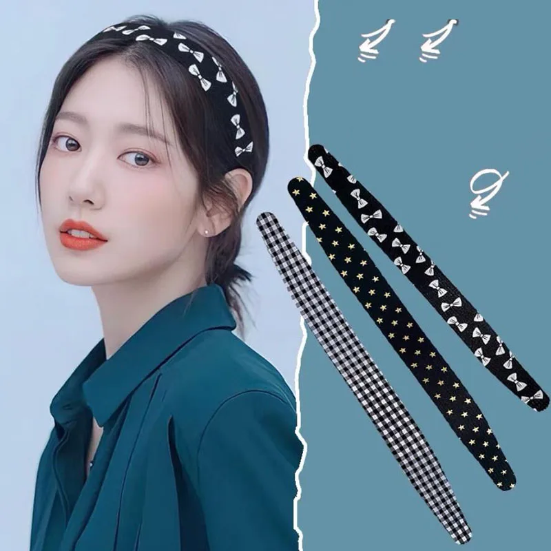 

Magic Tape Velcro Headband Floral Print Grid Sweet Hairbands Easy to Wear Hairpin Bangs Stick Girl Women Hair Holder Accessories