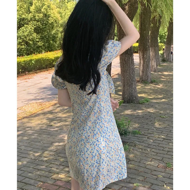 

Korean Summer Floral Dress Women Casual Slash Neck Bow Sexy Elegant Bodycon Dress Chic Short Sleeve Slim Mini Dresses 2021 New