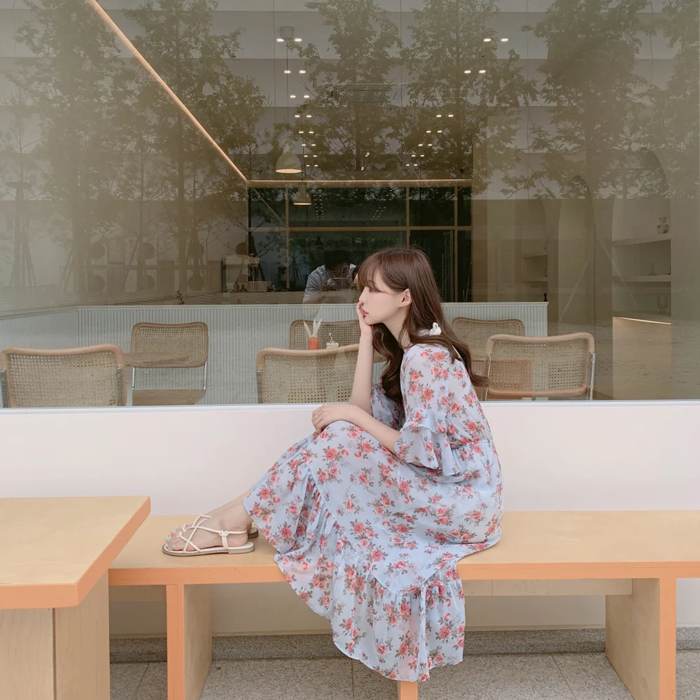 

Korean Chic Style Sweet Elegance V-neck Floral Chiffon Dress Long Skirt Rac
