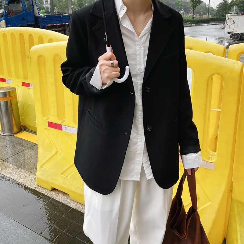 

2021 Spring Long Sleeve Vintage Suit Casual Solid Female Jacket Pockets Loose Blazer Women 123