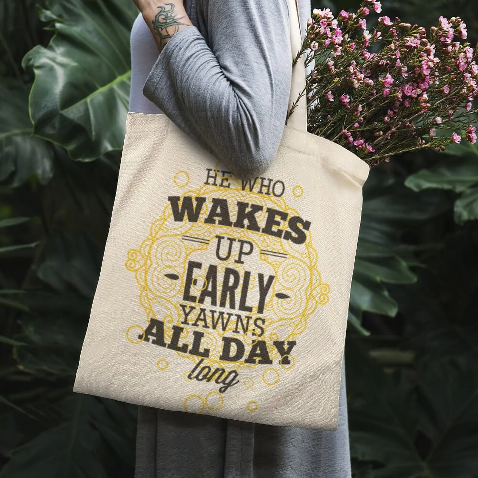 

He Who Wakes Up Early Yawns All Day Long Tote Bag White Carrier Bag Swag School Books
