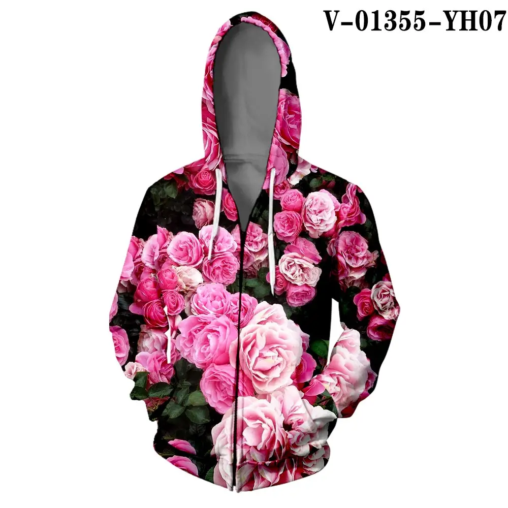 V01355 WAMNI толстовка на молнии с принтом розы 3D Harajuku уличная Толстовка Цветочная Куртка Свободная верхняя одежда толстовка с розой на молнии - Цвет: V01355