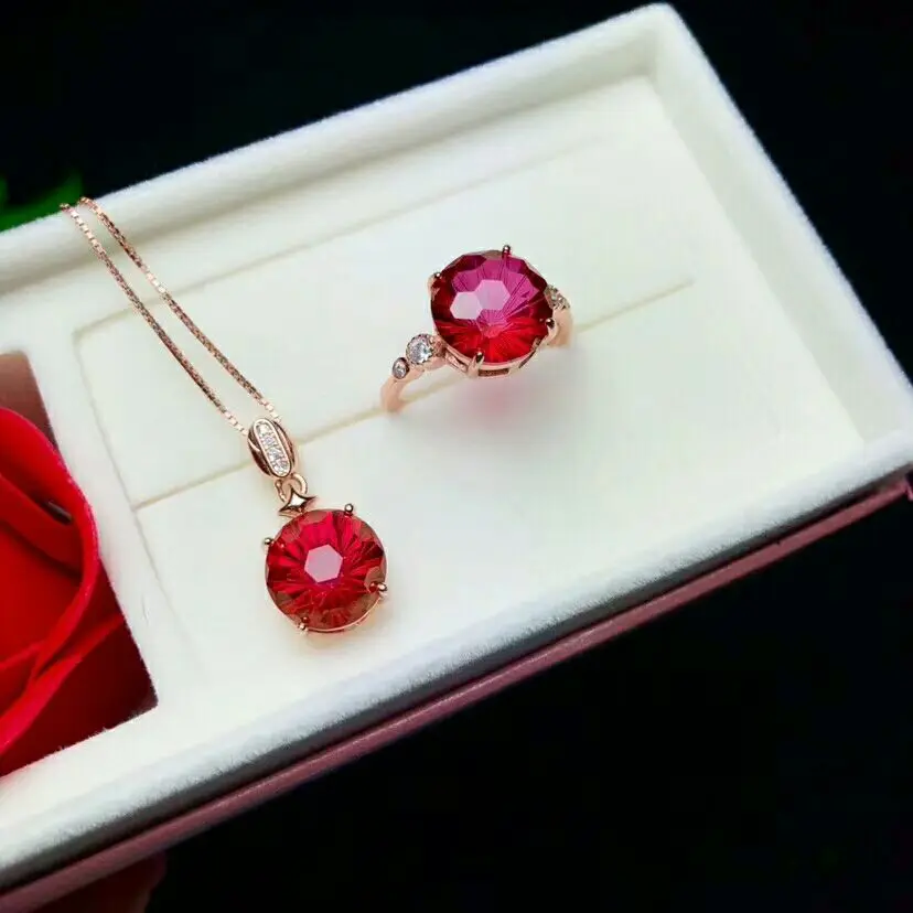 

MEIBAPJ NATURAL PIGEON BLOOD TOPAZ GEMSTONE JEWELRY SET 925 SILVER RING PENDANT NECKLACE 2 SUITS FINE WEDDING JEWELRY FOR WOMEN