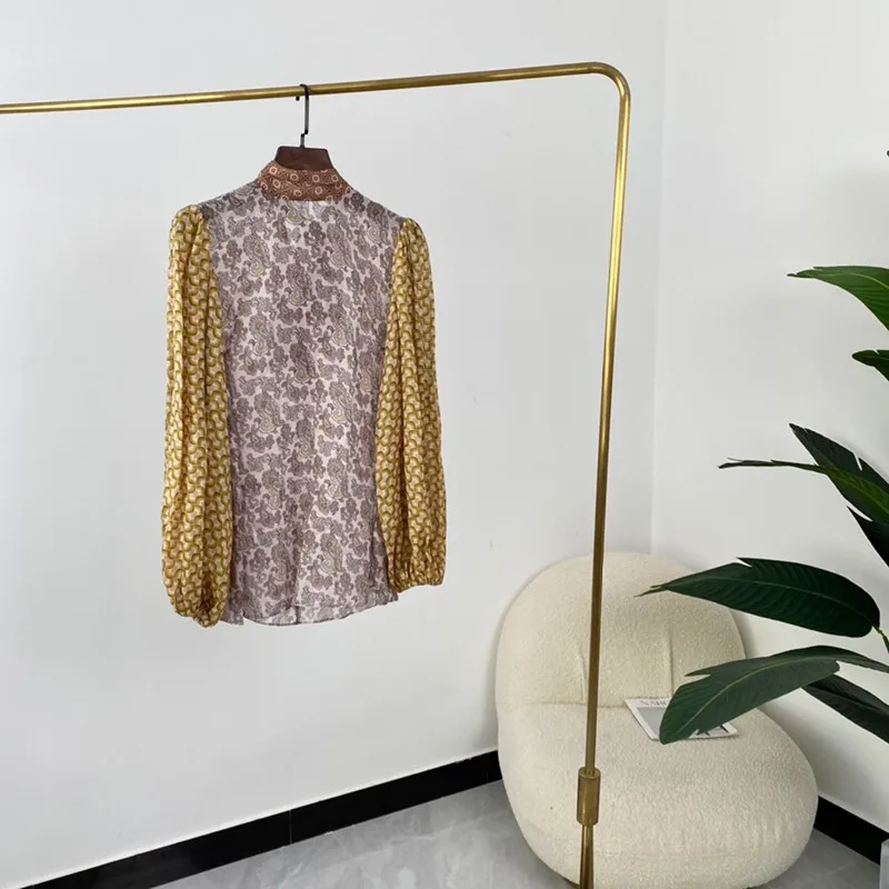 

High Quality Ramie New Summer Women Fashion Multi Print Self-tie Collar Long Sleeve loose Blouse High Quality Ramie 2021