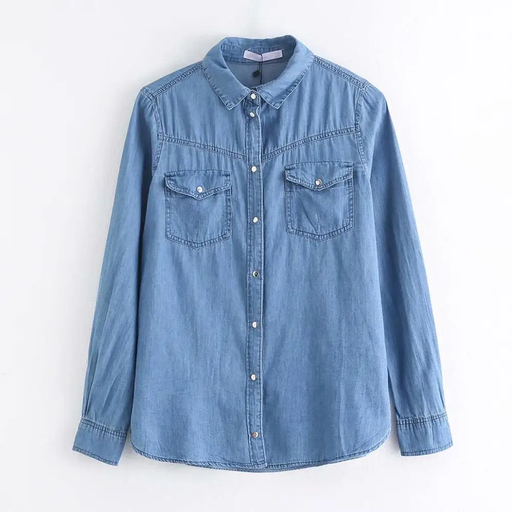 Новые женские винтажные джинсовые рубашки с двойными карманами повседневные