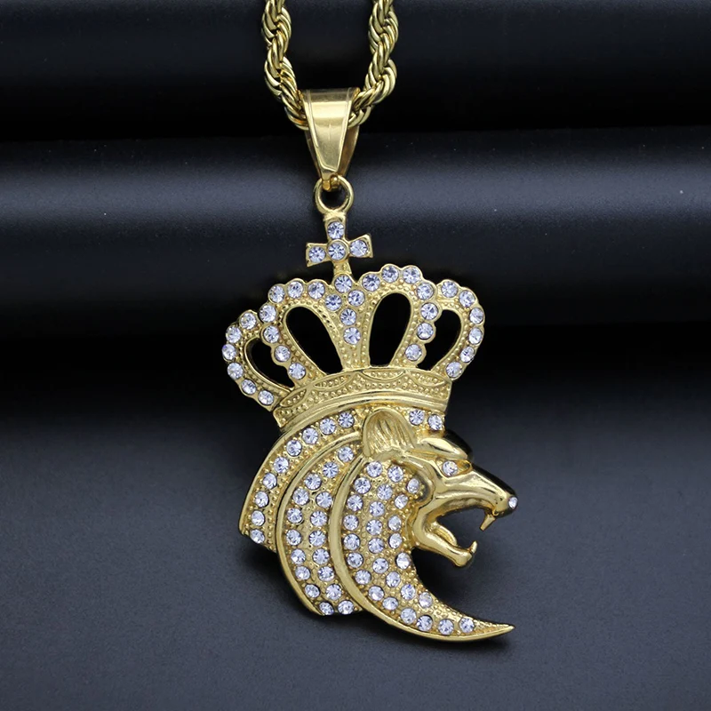 Цепочка с подвеской в виде короны и льва из нержавеющей стали