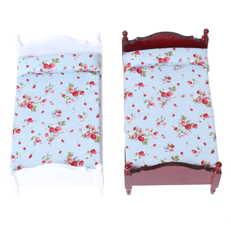 

Single Bed with Floral Mattress & Pillow Dollhouse Miniature Life Scenes Ornament Kids Pretend Play Toy 1/12 Mini Wooden New