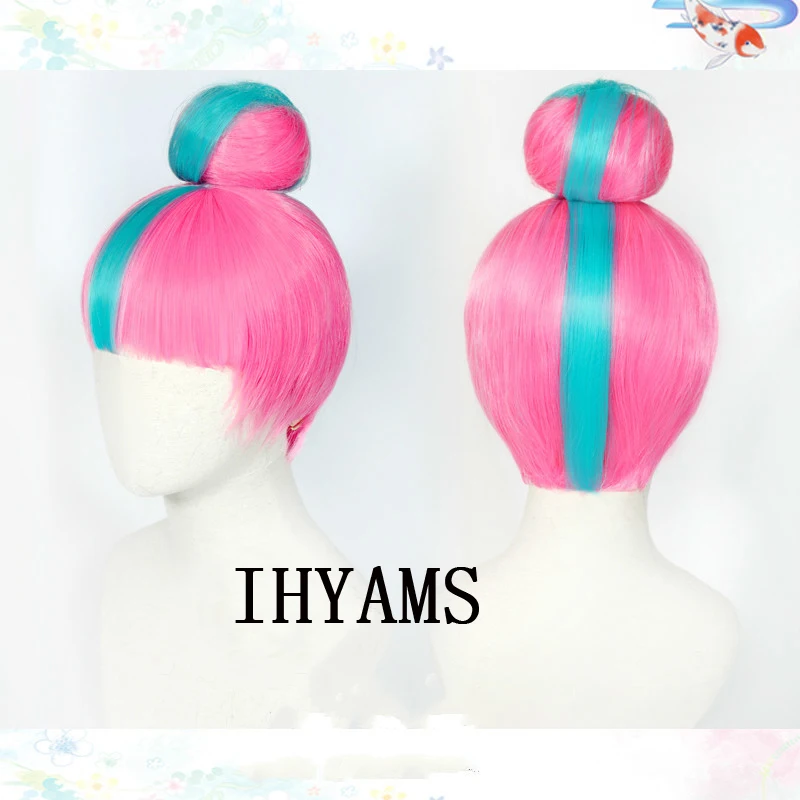 Парик для косплея LOL qiana, термостойкие синтетические волосы для косплея, голубые смешанные розовые парики в пучок, для Хэллоуина + бесплатная шапочка для парика