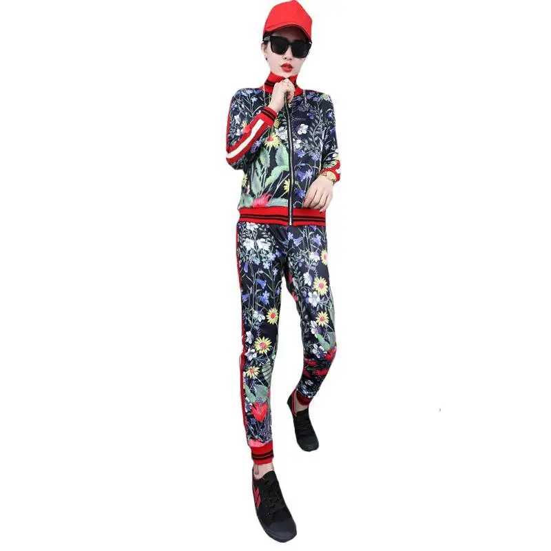 

2021 spring and autumn Korean cardigan jacket jacket ladies slim flower sportswear trousers casual two-piece fashion new hot