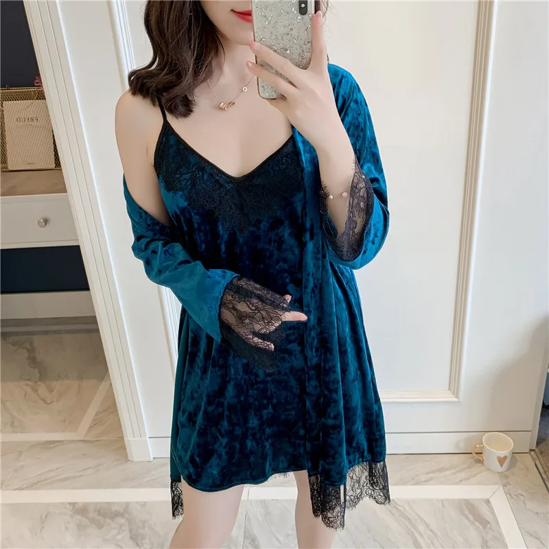 

Women Velvet Robe Kimono Gown Nightdress Casual Bathrobe Gown 2PCS Homewear Intimate Lingerie Soft Bride Bridesmaid Wedding Robe
