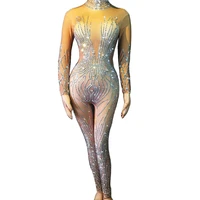 shining diamond nude tight elastic women jumpsuit nightclub pole dancing spandex bodysuit stage wear singer performance costumes