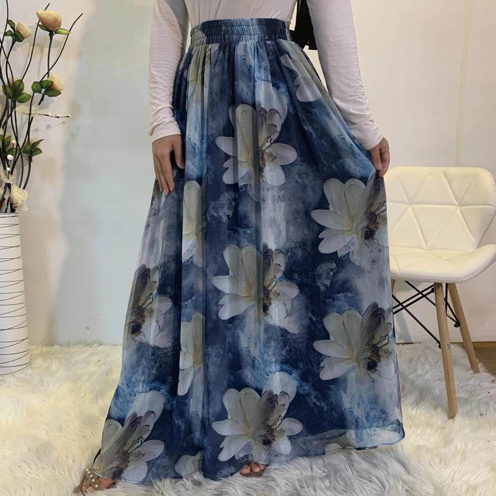 

Dubai Muslim Women Casual Skirts Chiffon Floral Printed Ramadan Islamic Clothing Arab Elastic Waist Floor Length Loose Fashion