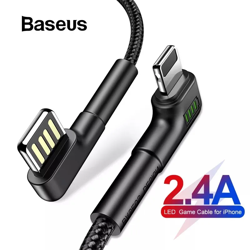 Baseus Doulbe локоть USB кабель для iPhone XR 8 11 iPad светодиодный 2.4A Быстрая зарядка кабель для iPhone зарядное устройство iPad игровой USB кабель для передачи данных usb кабель кабель для айфона