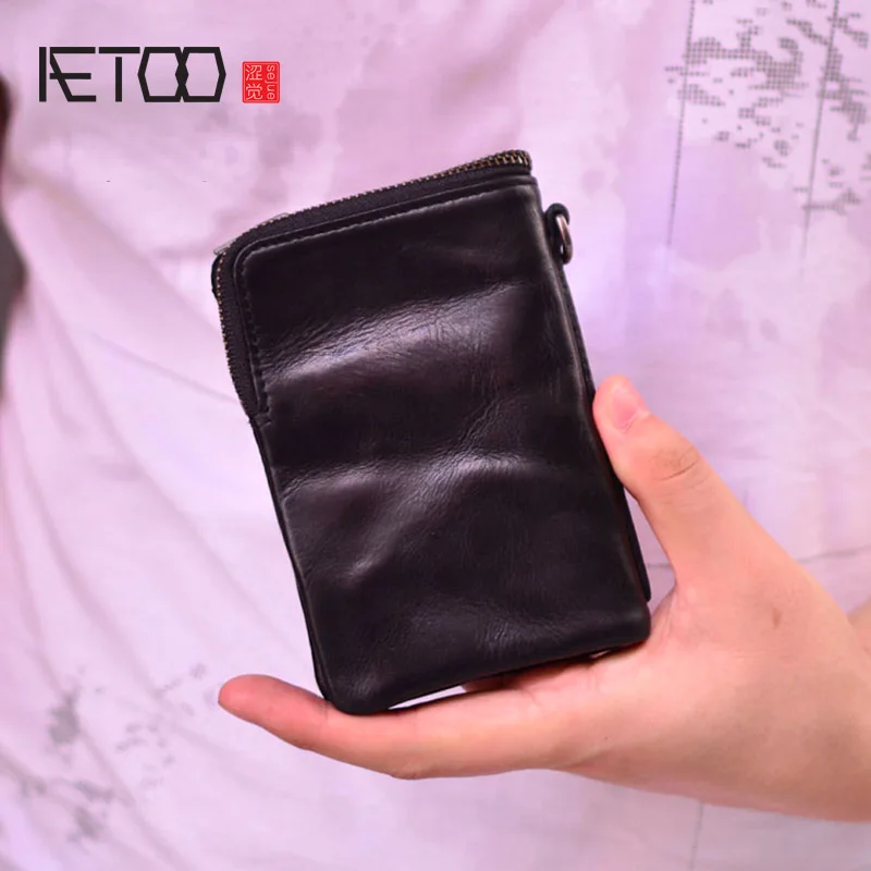 AETOO Men's retro cowhide zipper wallet, vegetable tanned cowhide hand-polished wallet, short wallet