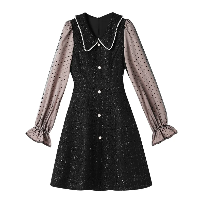 

Dresses for Women Party Autumn Winter New Fashion Korean Doll Collar Slim Flared Sleeves Dress Wave Point Stitching Short Dress