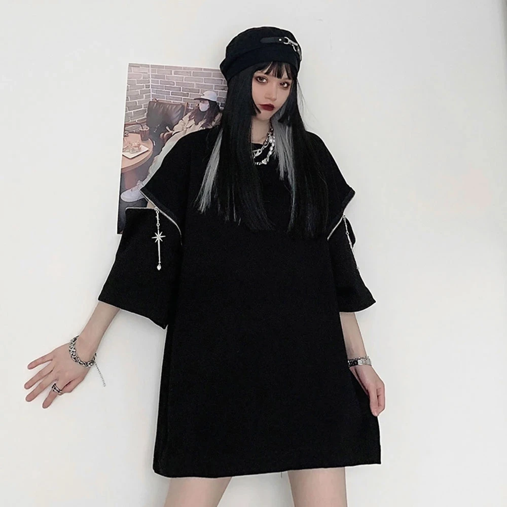 

2021 New Fashion High Street Solid Color Zipper Split Fork Strapless Loose Casual T-Shirt Round Neck 7 Sleeves Hipster Design