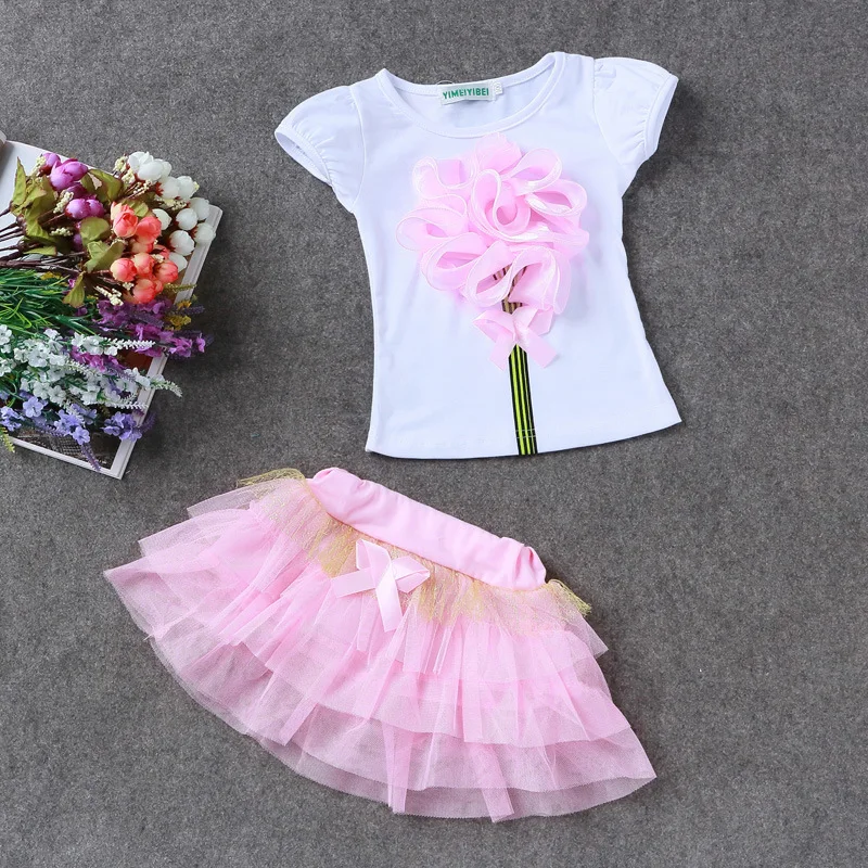 Летние комплекты одежды для девочек Детская футболка с лебедем и сетчатая юбка