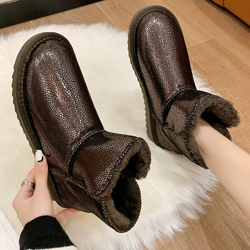 

2021 Winter Women's Shoes Warm Snow Boots Women Boots Ankle Shoes With Fur Plush Waterproof Thick-sole Female Botas Silver Black