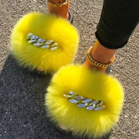 fox sandals furry fur slippers fluffy flip flops diamond chain real fur slides for women ladies house slippers beach flat shoes