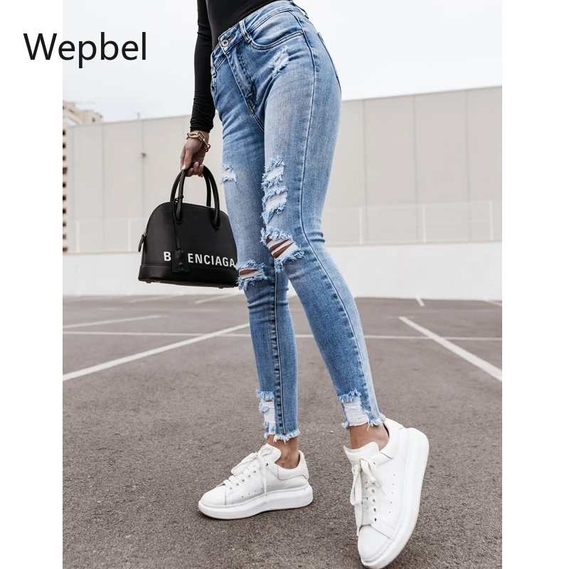 

Wepbel Облегающая джинсовая брюки с потертые женские джинсы со средней одежда yзкиe джинсы узкие джинсовые брюки с дырками Модные женские повс...