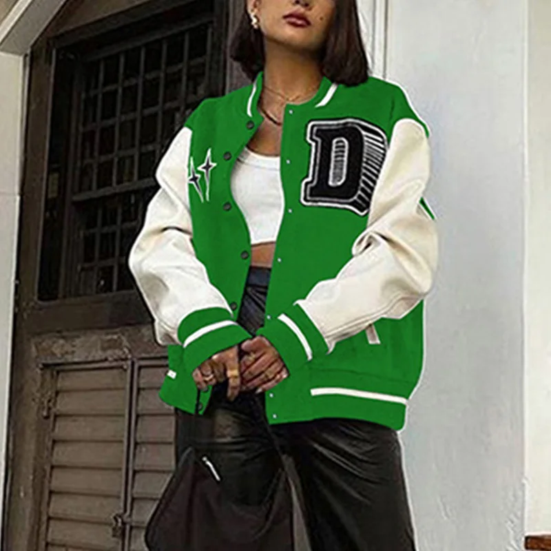 

Women Baseball Jacket Leather Sleeve Single-breasted Stitched Baseball Uniform 2021 Streetwear Casual BF Style Loose Outwear