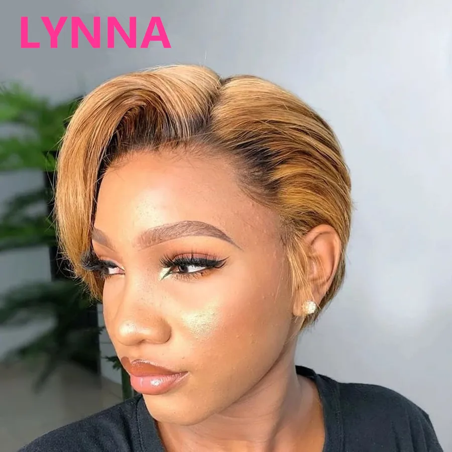 

13X1 4x1 L Part Lace Wig Short Pixie Cut Wig Human Hair Wigs Ombre Colored For Black Woman Straight Bob 150% Brazilian Remy Hair