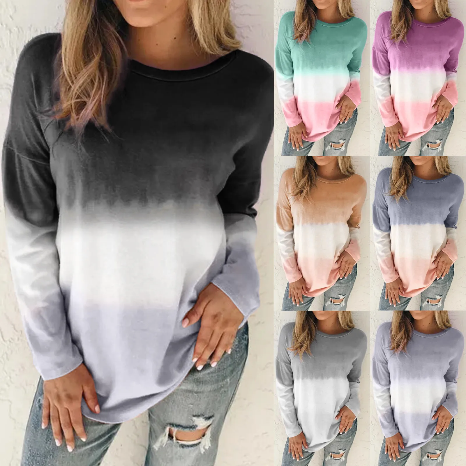 

Women Plus Size Tie-dye Printed Gradient Pullover Long Sleeve Sweatshirt Top