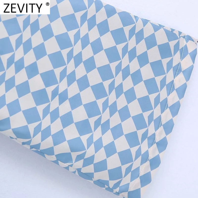 

Zevity 2021 Women Vintage Blue Geometric Print Straight Pants Office Ladies Zipper Fly Chic Business Casual Long Trousers P1031