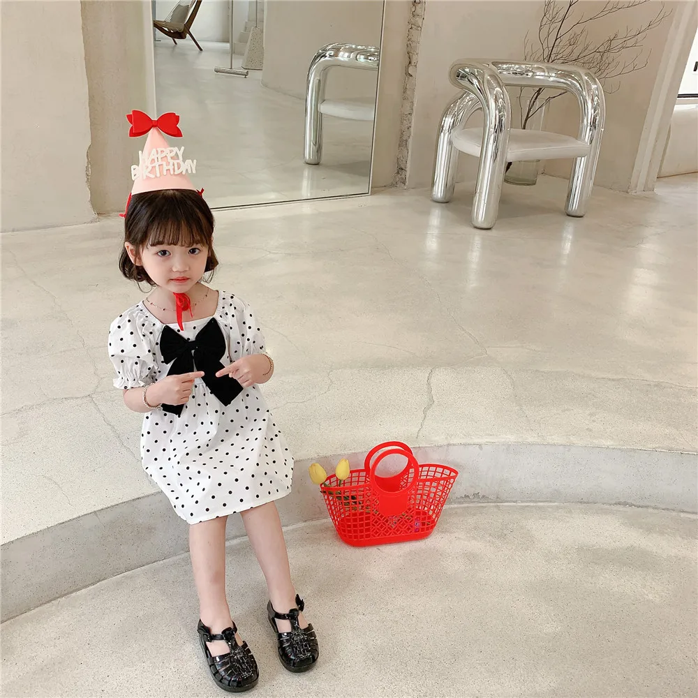 

Girls Dress Net Red Girl Baby Korean Wave Dot Skirt Bow Children'S Bubble Sleeve Short Sleeve Princess Skirt Cotton
