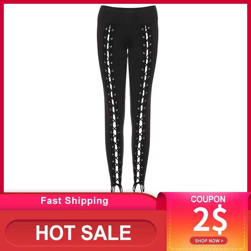 Готические леггинсы черные штаны женские весенние тонкие на шнуровке уличная