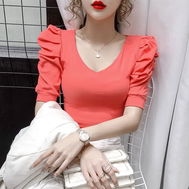 

Cotton T Shirt Women Fashion 2021 Summer Plus Size Puff Sleeve T-shirt Harajuku Elegant Tee Female Basic Tshirt Streetwear PD116