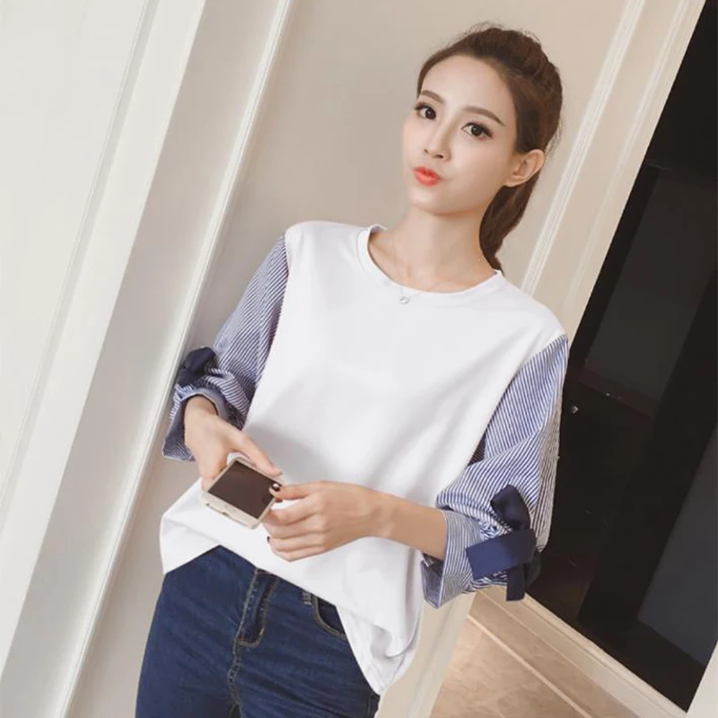 Женская шифоновая блузка с бантом однотонная свободная офисная в стиле пэчворк