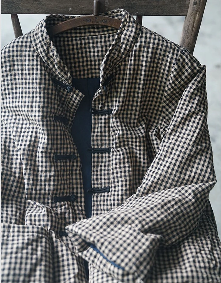 

Original small Plaid thickened Chinese cotton linen cotton padded jacket women's short coil button retro loose cotton jacket wit