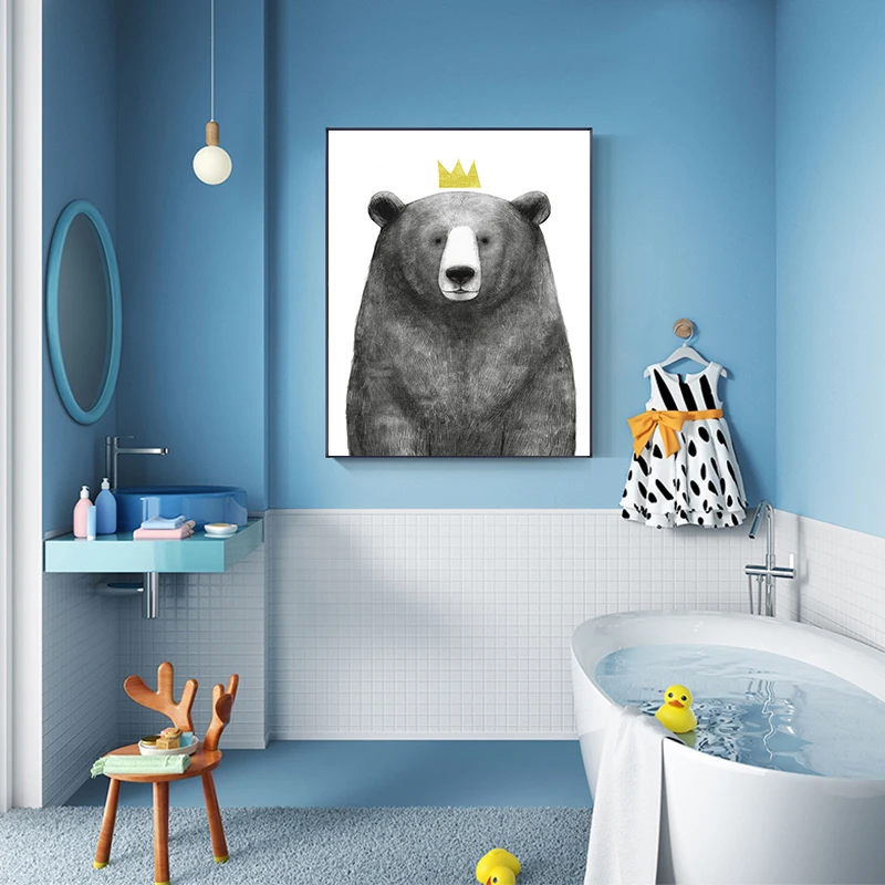 Детский постер на холсте с животными медведь лиса Сова корона художественные