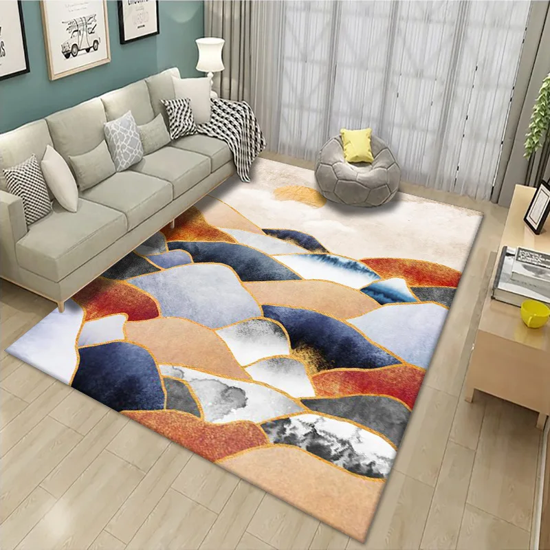 

American Style Blue Carpet Large Modern Living Room Rug Luxury Carpet Turquoise Color Golden Geometric Pattern Carpet Rugs