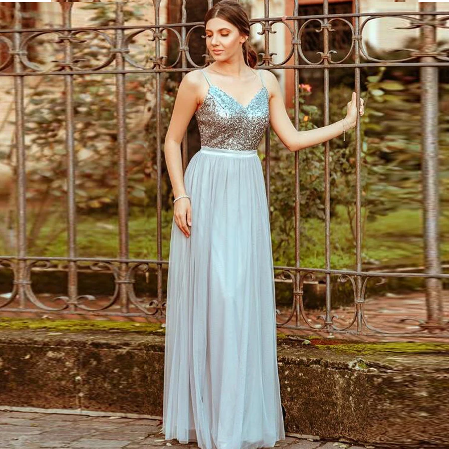 

V-neck Neckline Spaghetti Straps Sequined Tulle Bridesmaid Dresses Cheap A Line Backless robe demoiselle d'honneur